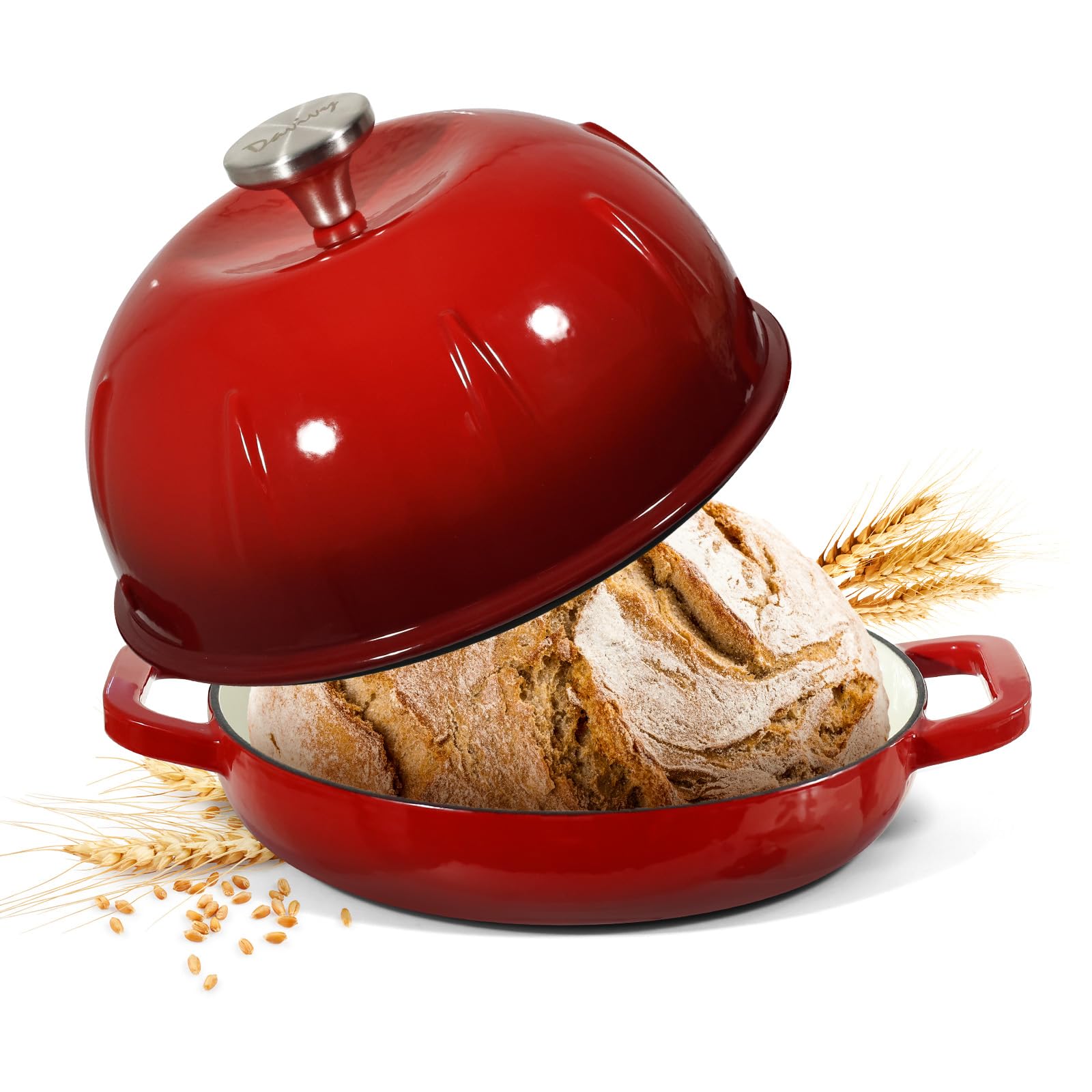 Davivy Cocotte en fonte émaillée pour pain au levain, cocotte avec couvercle bombé, cocotte en fonte standard, rouge cerise 5 l