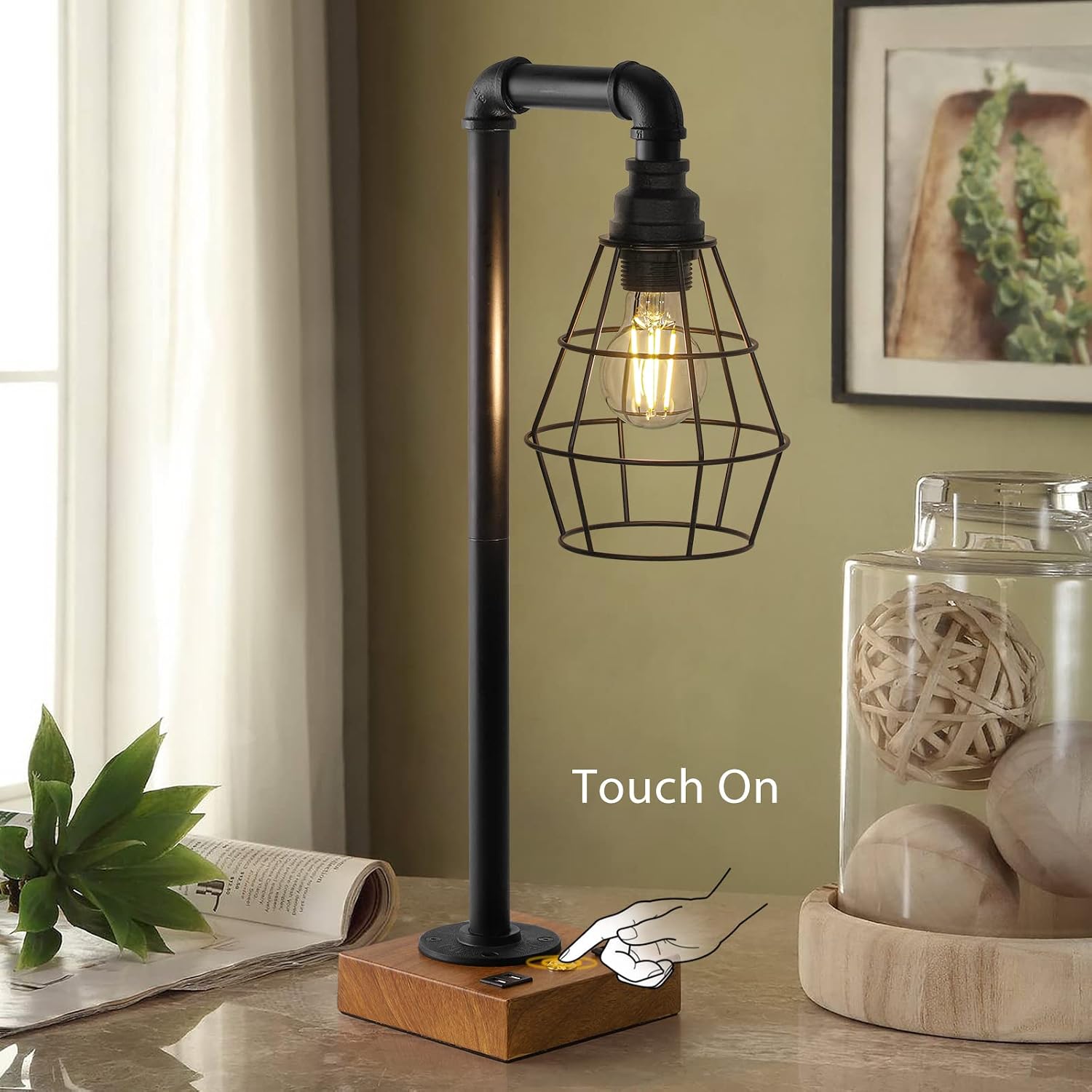 CADUKE Industrial Touch Control Table Lamp, LED Bulb Included, 3 Way Dimmble Lamp with 2 USB Ports and AC Outlet, Bedside Nightstand Desk Lamps with Metal Cage Shade for Bedroom Living Room Farmhouse
