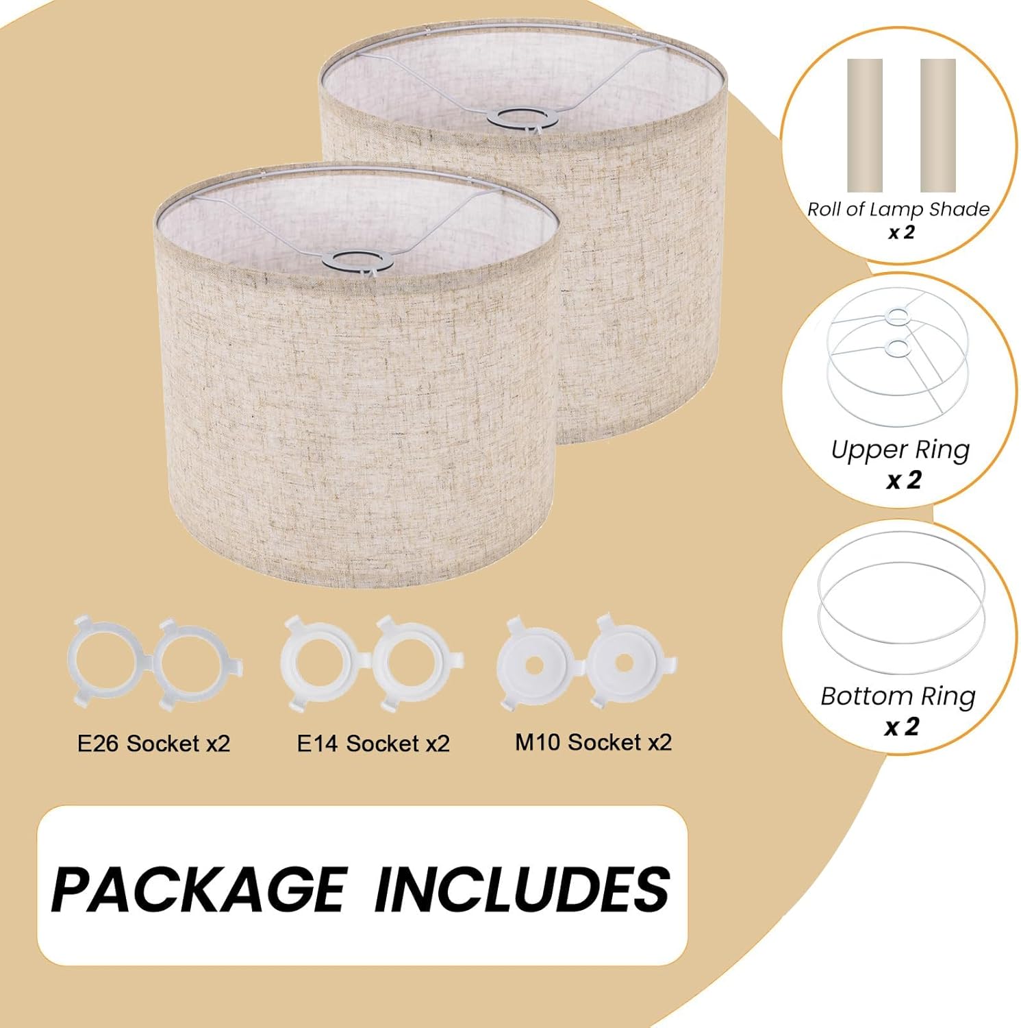 Set of 2 drum big lamp shades for table lamps – 13" Top x 13" Bottom x 10" High, Qvtekn Medium Beige Lampshades for floor lamps (Spider Fitter), Natural Linen Handcrafted with Easy Assembly