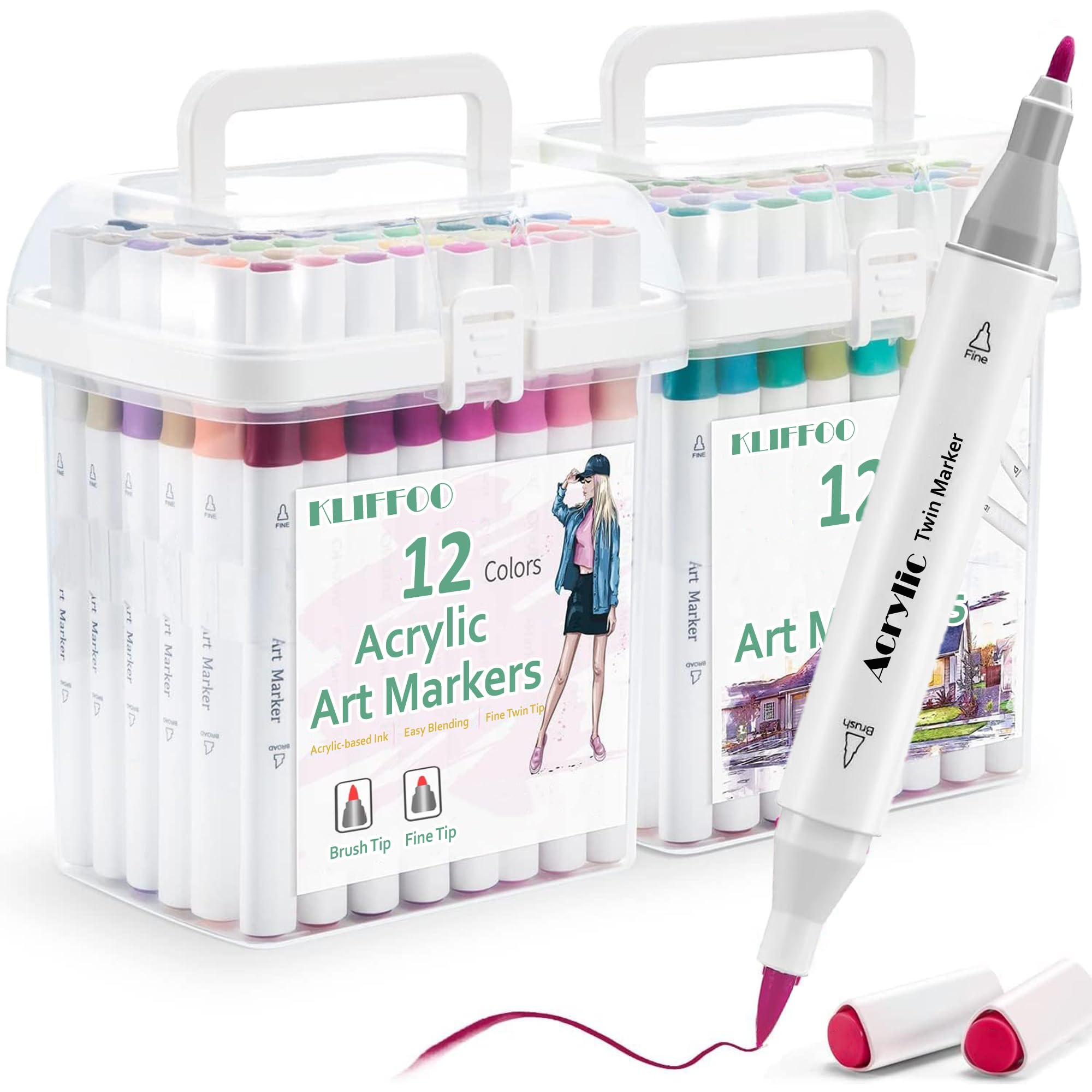 KLIFFOO 12 Colors Dual Tip Acrylic Paint Markers Set with Carrying Case For Painting Sketching Calligraphy Drawing, Permanent Colouring Marker Pens For Rock, Canvas, Wood, Glass, Ceramic, Fabric (12)