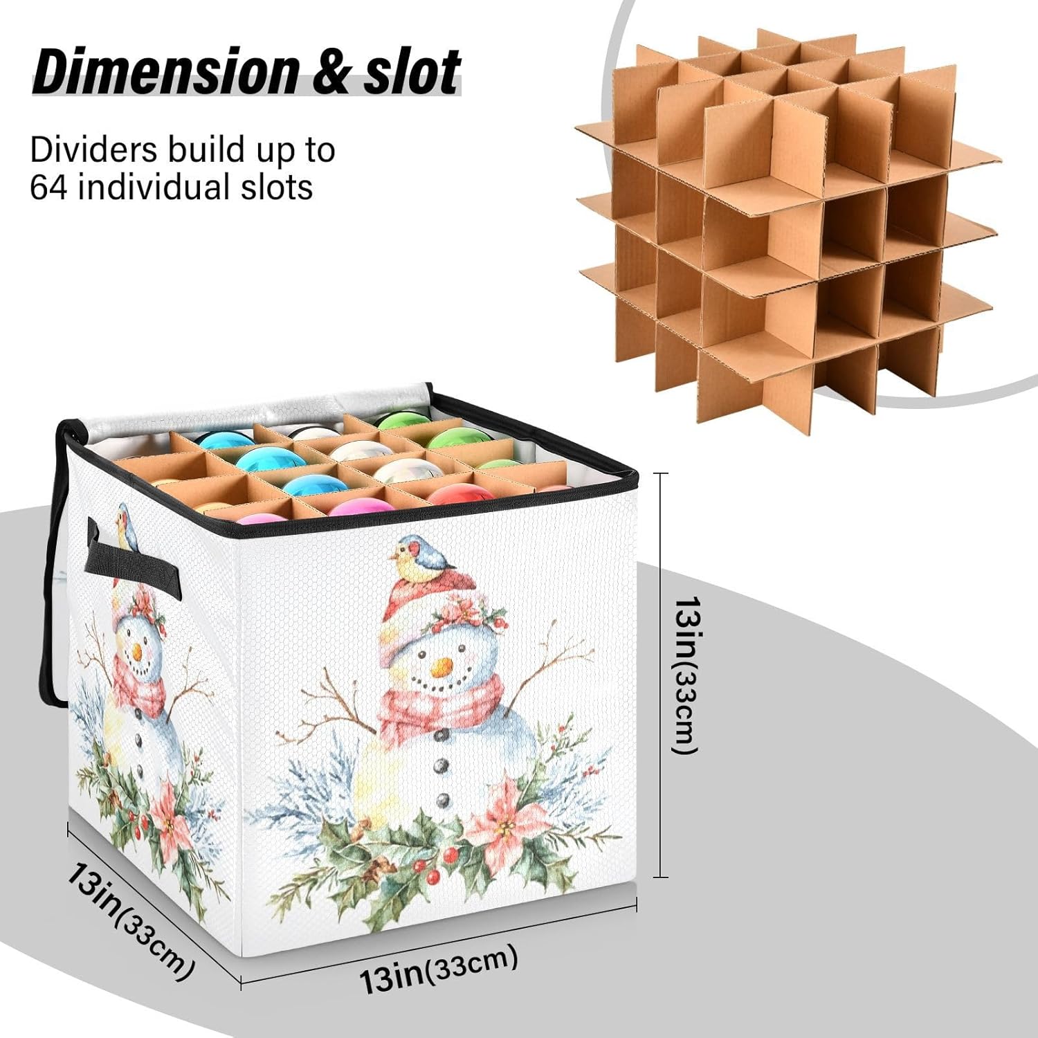 High Capacity Christmas ornament storage Holds Up to 64, Two Handles Large Holiday Storage Case with Lid,Christmas Snowman