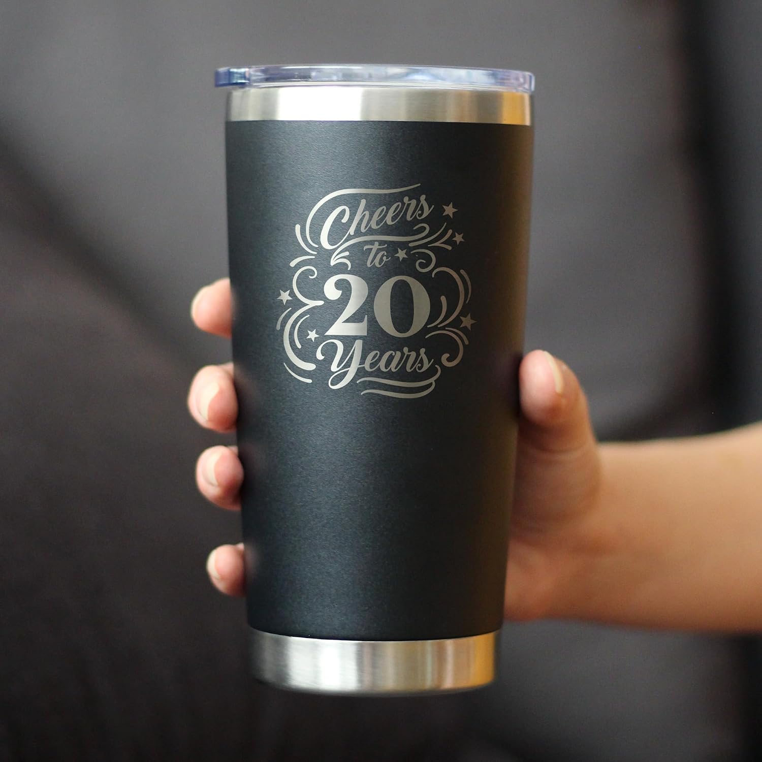 Custom Cheers to 20 Years - Personalized Insulated Coffee Tumbler Cup with Sliding Lid - Stainless Steel Insulated Mug - Gift for 20th Anniversary