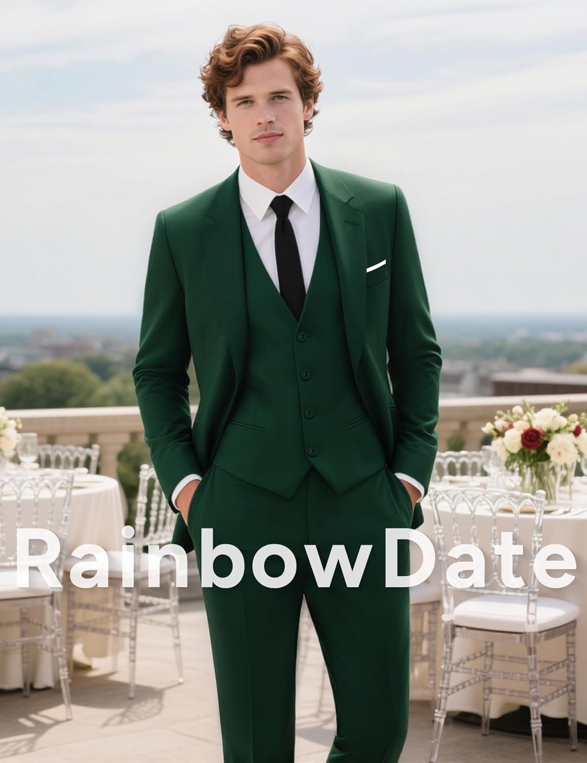 Mens Stretch Suit Slim Fit 3-Piece, 2 Buttons Jacket Vest Adjustable Waist Pants - Image 2