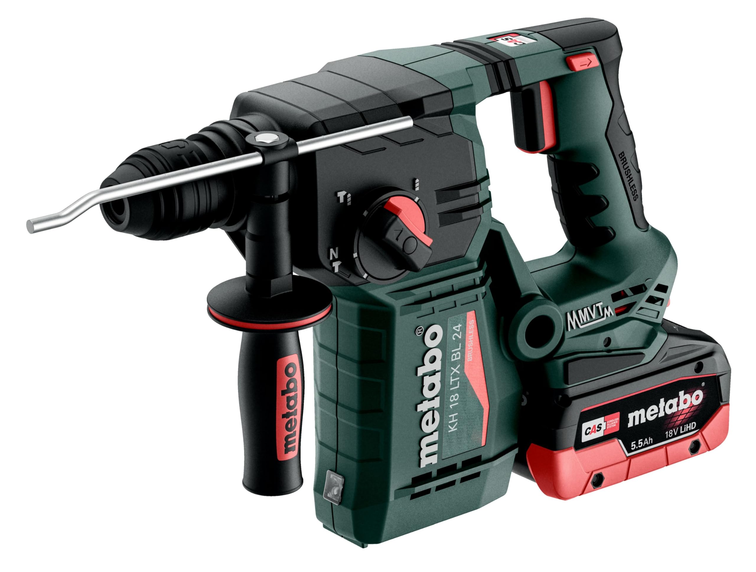metabo Marteau Combiné KH 18 LTX BL 24, Perforateur sans Fil 18V, SDS-Plus | Inclus : 2 batteries LiHD 4,0 Ah, chargeur ASC 55, metaBOX 165 L, 2,2 J, moteur brushless, 3 fonctions, perçage et burinage