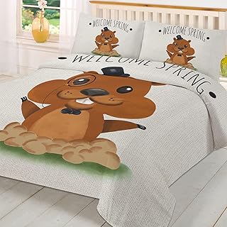 Groundhog Day Queen Duvet Cover Set,Washed Soft Microfiber Bed Comforter Quilt Cover with Ties/Zipper,Funny Cute Animal Farmhouse Burlap Beige Patterned Textured Bedding Duvet-Covers with Pillow Cases
