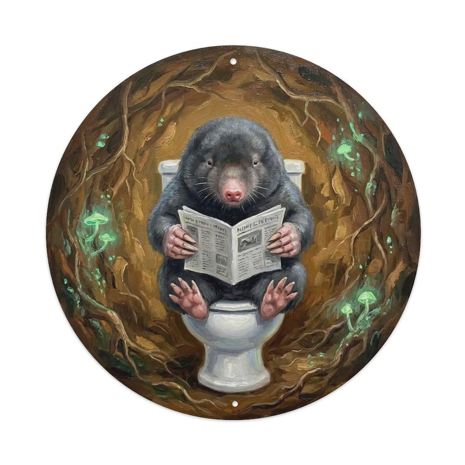 Mole On Toilet Humorous Bathroom Tunnel Earth Glow Metal Tin Sign