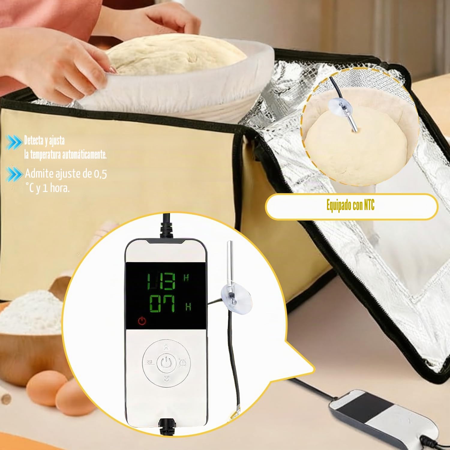 Caja de Fermentación para Masa, Versátil Plegable Fermentadora de Masa con Calefacción, Sensor de Temperatura NTC, Pantalla Digital, Temporizador de 0 a 12 Horas, para Levadura, Pan, Pizza, Yogur