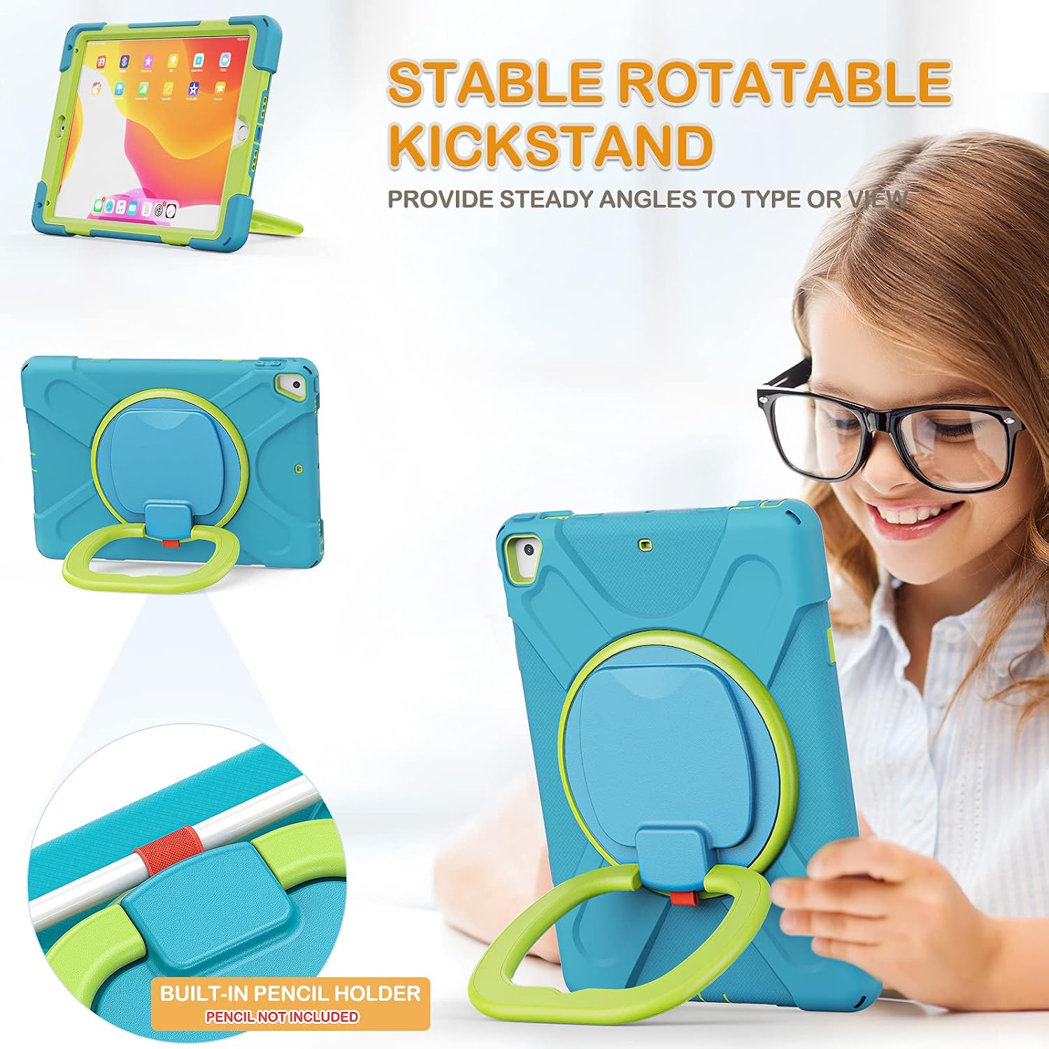 BRAECN Kids Case for iPad 9.7 Inch iPad 6th/5th Generation(2018/2017), 3-Layer Full-Body Rugged Silicone Case w/Rotatable Handle Grip, Shoulder Strap, Pencil Holder, Kickstand for iPad Air 2-Sky Blue