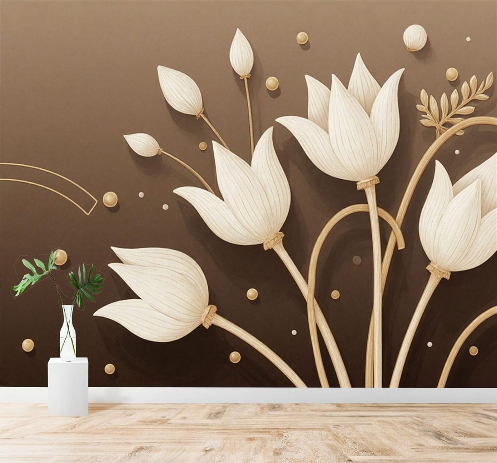 XLMING Beige Flowers Art Tulips Gold Abstract 3D Wallpaper Premium Textured Silk Study Dining Living Room Bedroom Sofa TV Wall Easy Install-350cm×256cm