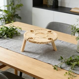 Folding Wine Table Portable Outdoor Picnic Table Wine Glass Holder for Cheese Charcuterie Platters Beach Camping Wedding Event Essentials Valentines Party Decorative Accessories(Natural)