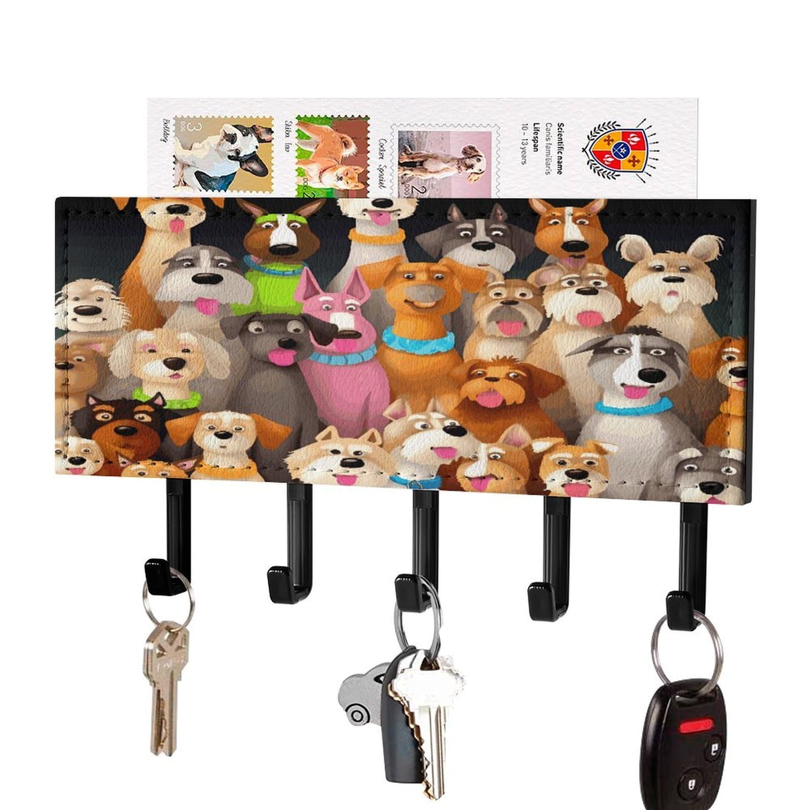 FekiLoot Dogs Key Holder Wall Mount Key Hanger with 5 Hooks Decorative Key Rack Hanging Key Hooks with Mail Organizer Key Holder for Wall Living Room Kitchen Bathroom Hallway Black