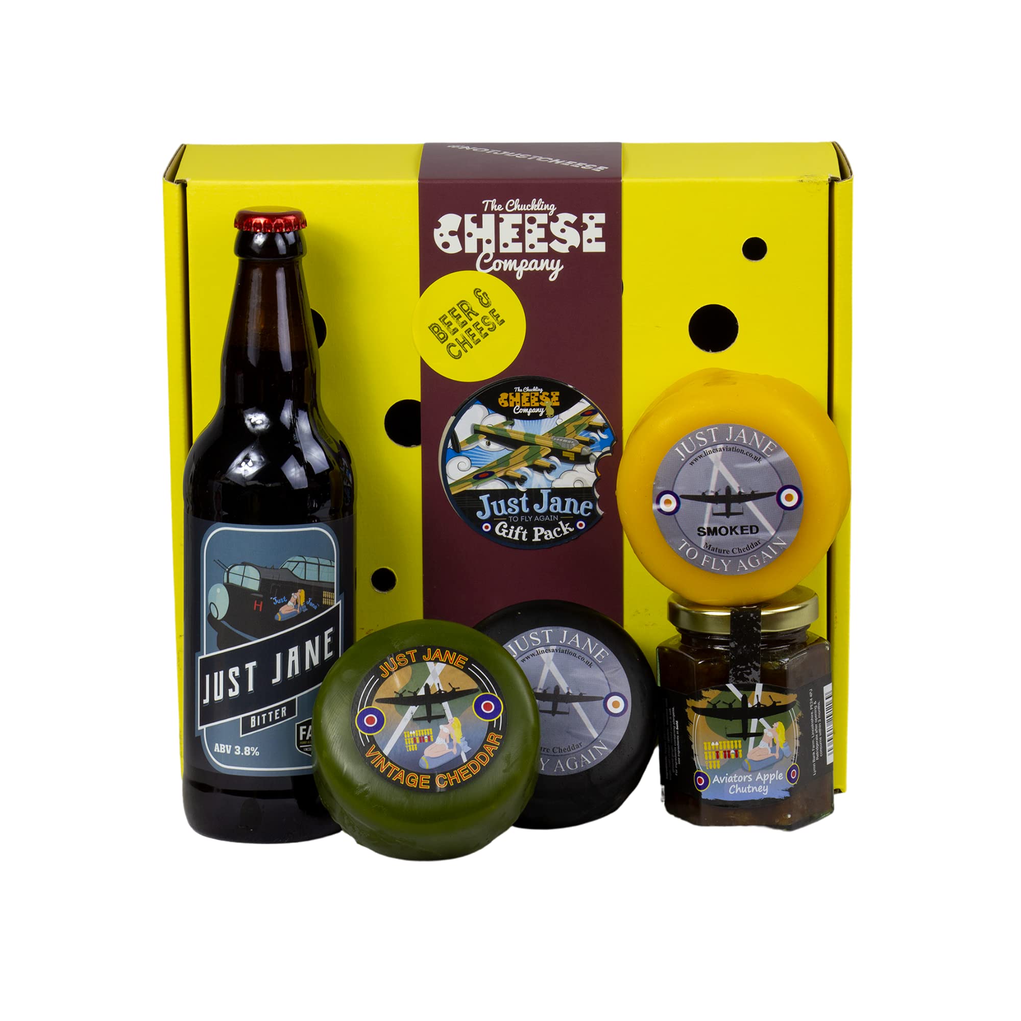 Beer and Cheese Gift Box - Just Jane Lancaster Bomber Pack. A Delicious Gift Hamper Packed Full Delicious Cheese, Chutney and More! for The Ultimate Unusual Gifts. The Chuckling Cheese Company.