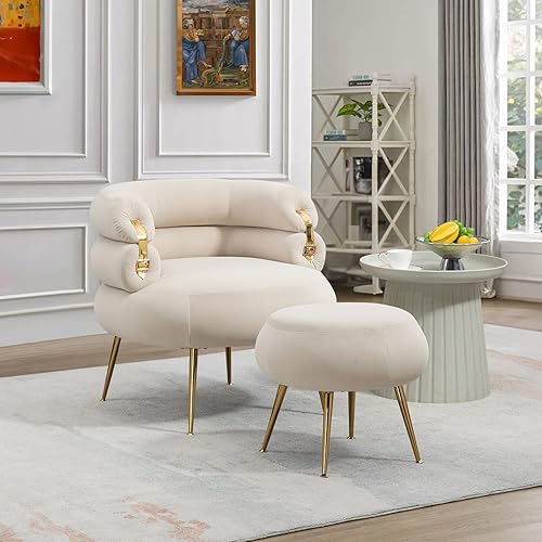 Antetek Silla decorativa moderna de terciopelo con otomana, sillón tapizado con elegante decoración dorada, cómoda silla de descanso para sala de