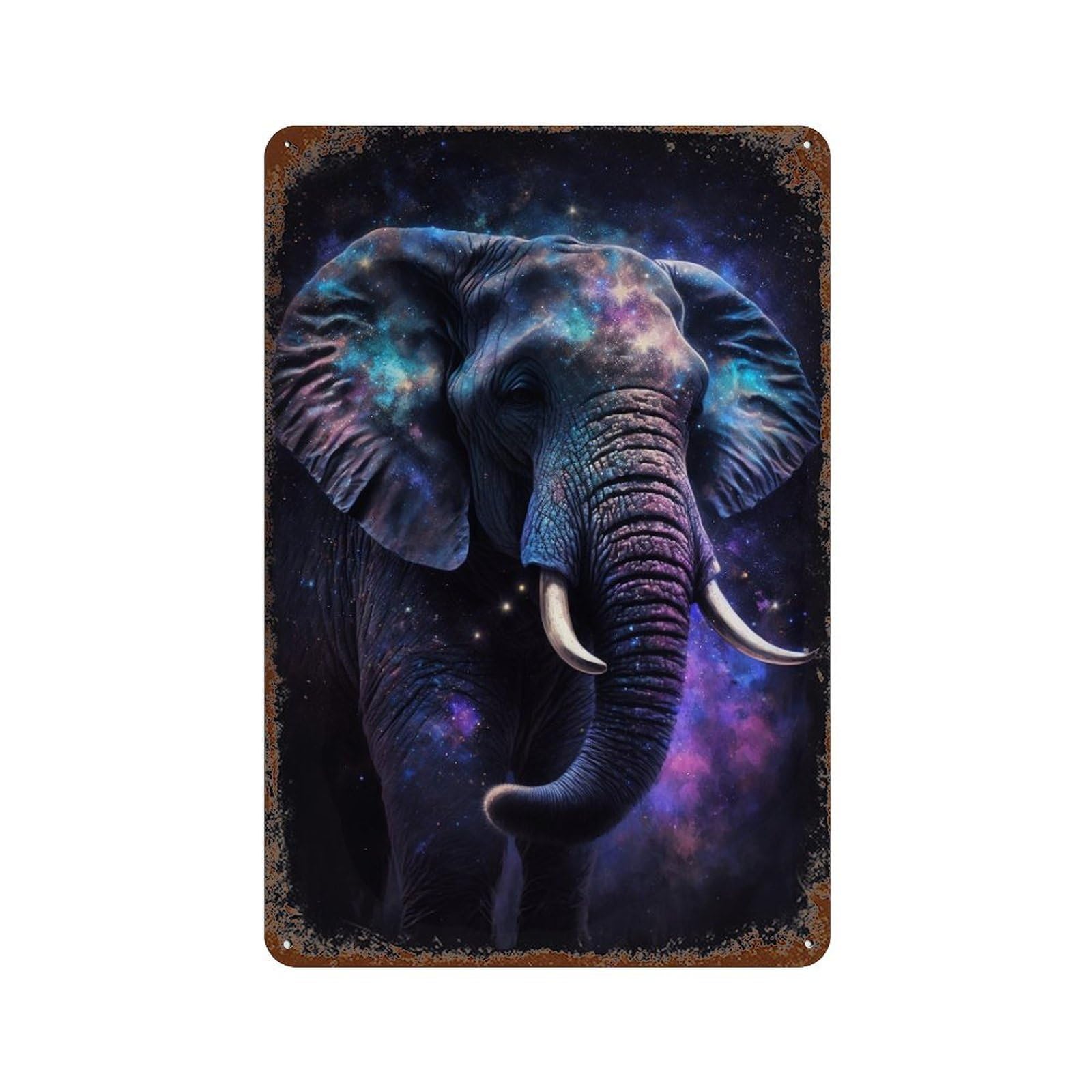 Galactic Elephant Art Print Distressed Metal Wall Sign 11.8"x7.9", Industrial Home Decor for Garage, Pub Or Kitchen