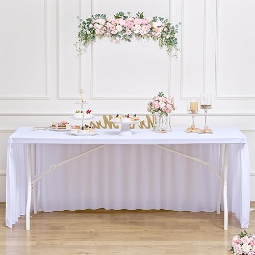 Miniatura 2 de Suppromo Mantel blanco de 6 pies con falda de mesa para mesas rectangulares, mantel elástico de 3 caras con volantes blancos para fiesta de