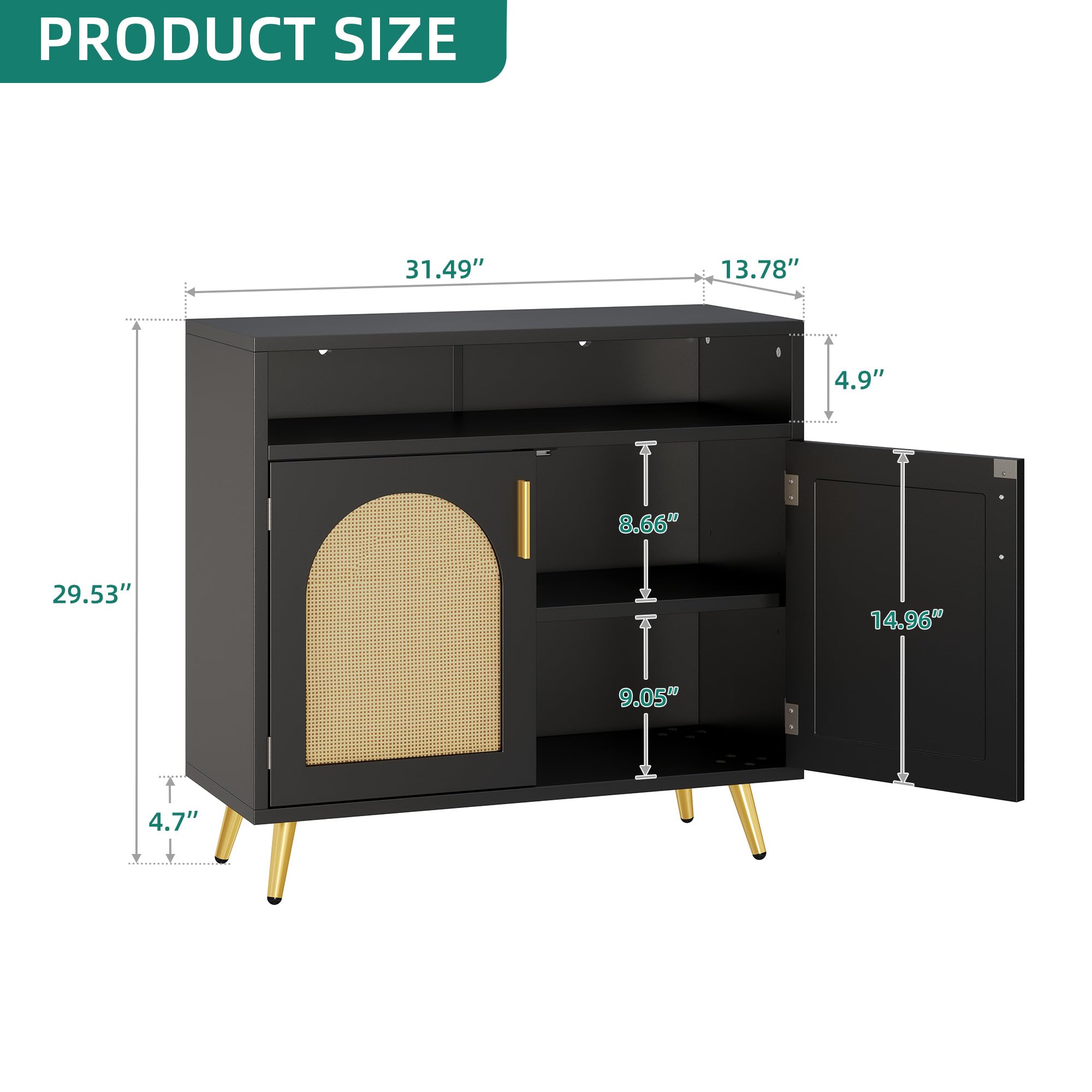 YITAHOME Sideboard Schwarz, Rattan Buffetschrank, Küchenschrank 80x35x75cm