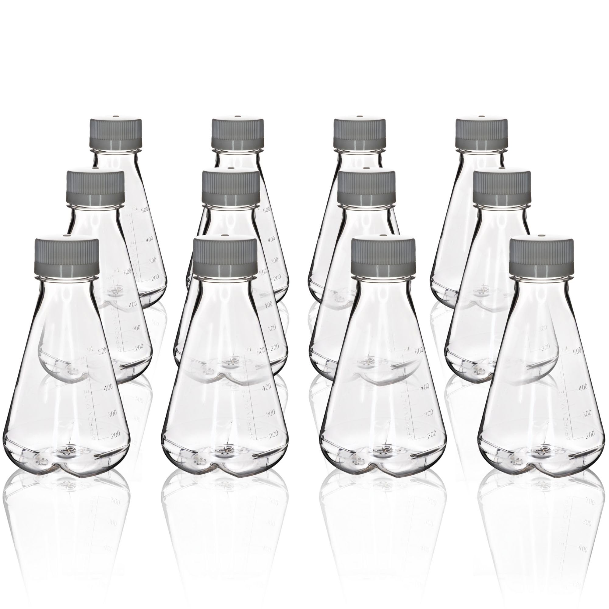Eisco - Paquete de 12 frascos Erlenmeyer de PETG estériles de 500 ml, sin ventilación, fondo deflectado, esterilizado gamma, clase VI, grado de laboratorio, almacenamiento químico, cultivo celular