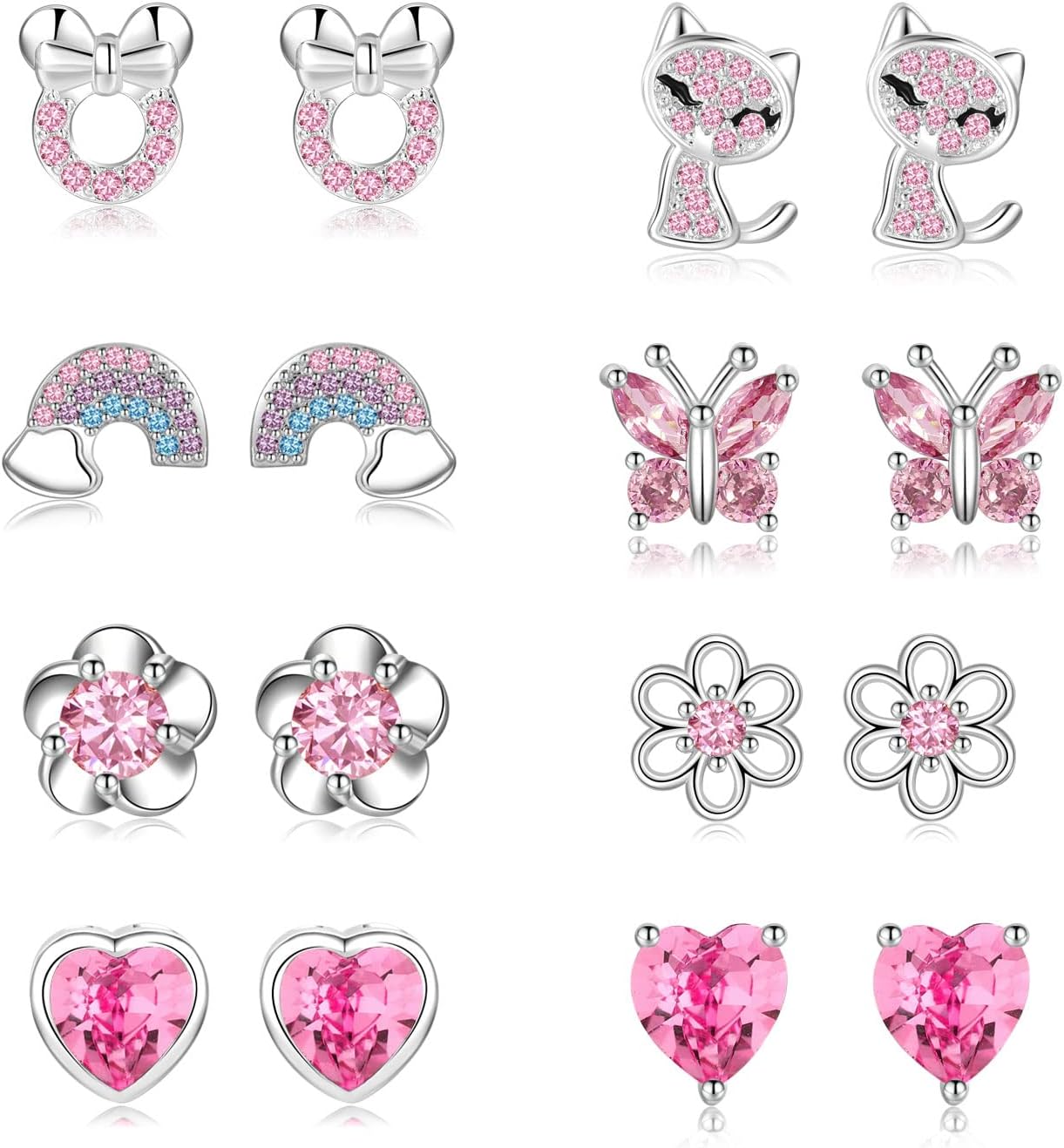 925 Sterling Silver Earrings，8 Pair Silver Studs Earrings for Women Hypoallergenic Kids Earrings Sterling Silver Stud Earrings for Teenage Girls Ages 3-18 Childrens Earrings Cubic Zirconia Stud Set