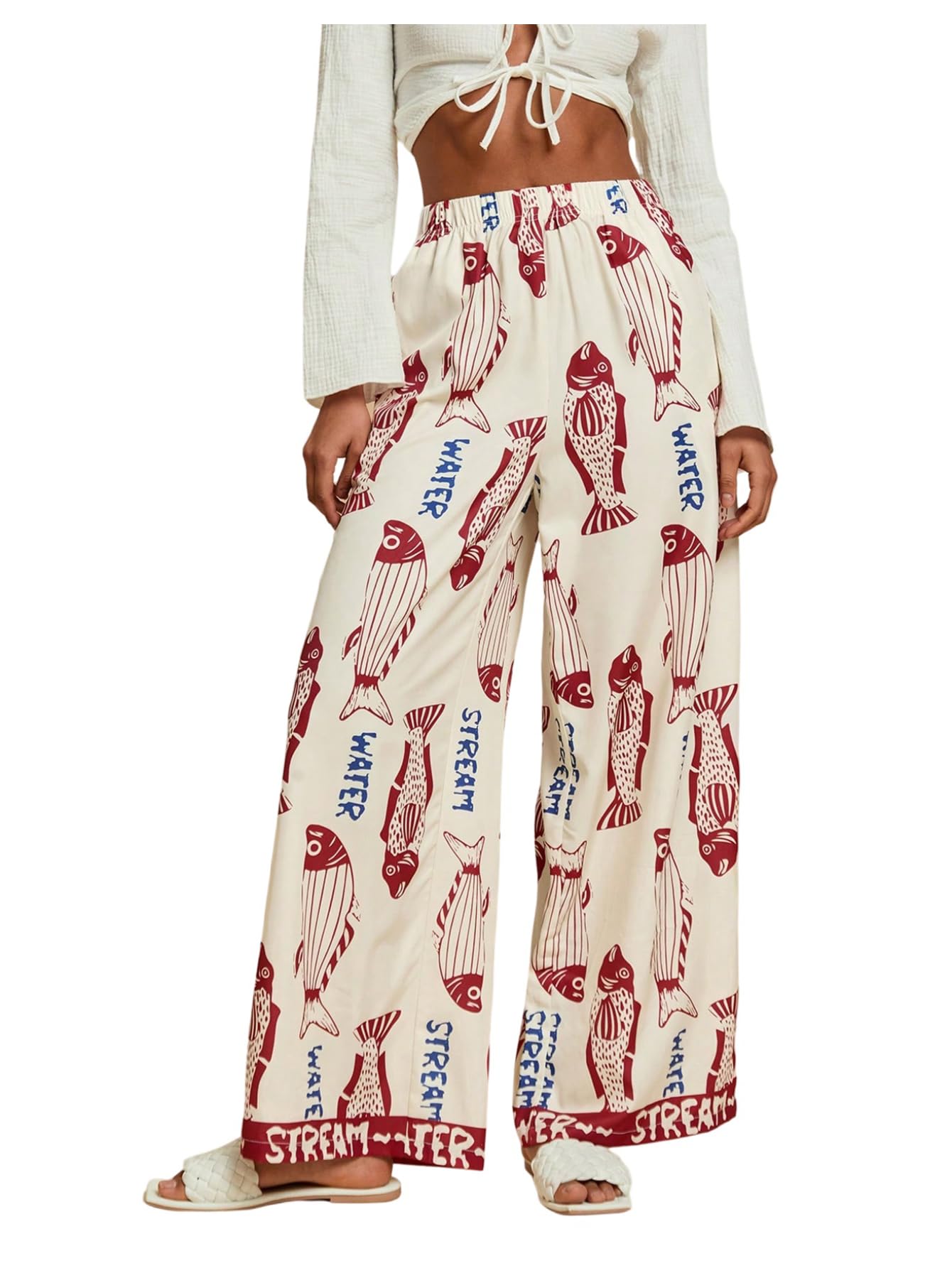 MakeMeChic Womens Graphic Palazzo Pants Elastic Waist Wide Leg Vacation Boho Trousers