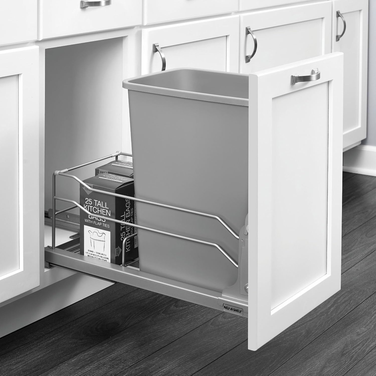 Rev-A-Shelf Pullout Trash Can for Under Kitchen Cabinets 35 Quart 8.75 Gallon with Soft-Close Slides and Rear Storage, Silver, 53WC-1535SCDM-117