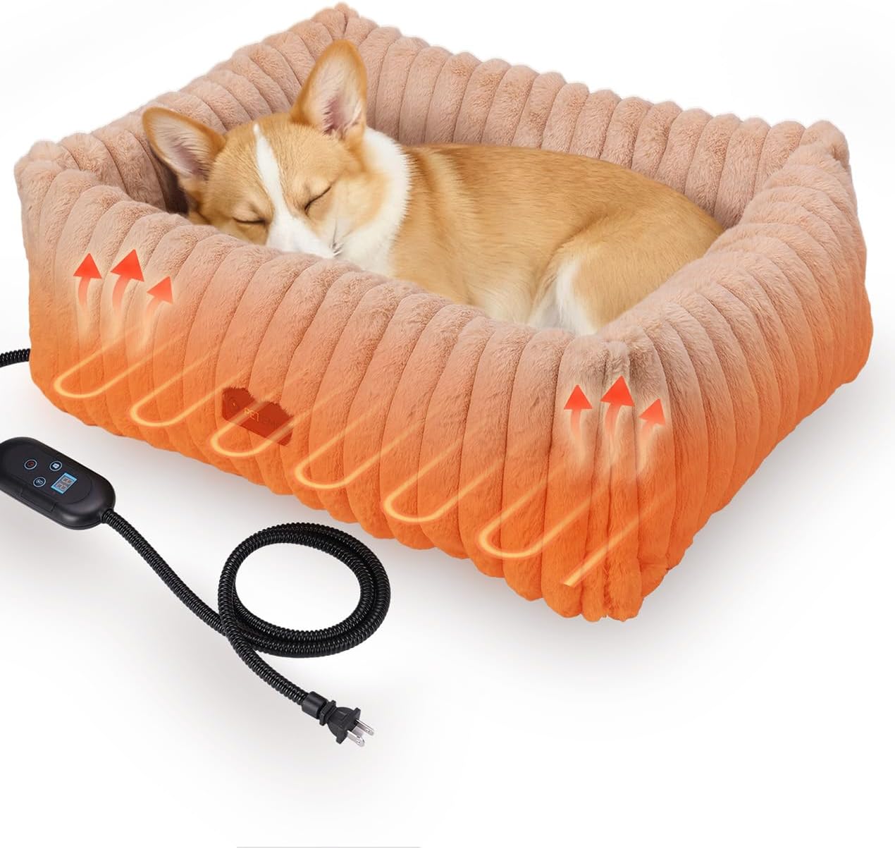 Heated Cat Bed Indoor, Pet Bed with 6 Temperature & 5 Timer Settings, Fluffy Cat Couch with Removable Machine-Washable Cover for Dogs Kitten Puppy in Winter, UL & FCC Certified, Medium, Brown M-27"x19" Brown