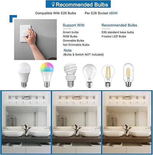 Miniatura 6 de 6 lámparas de baño, lámpara de tocador de baño con vidrio transparente, accesorios de iluminación de baño de níquel cepillado sobre espejo, luces de