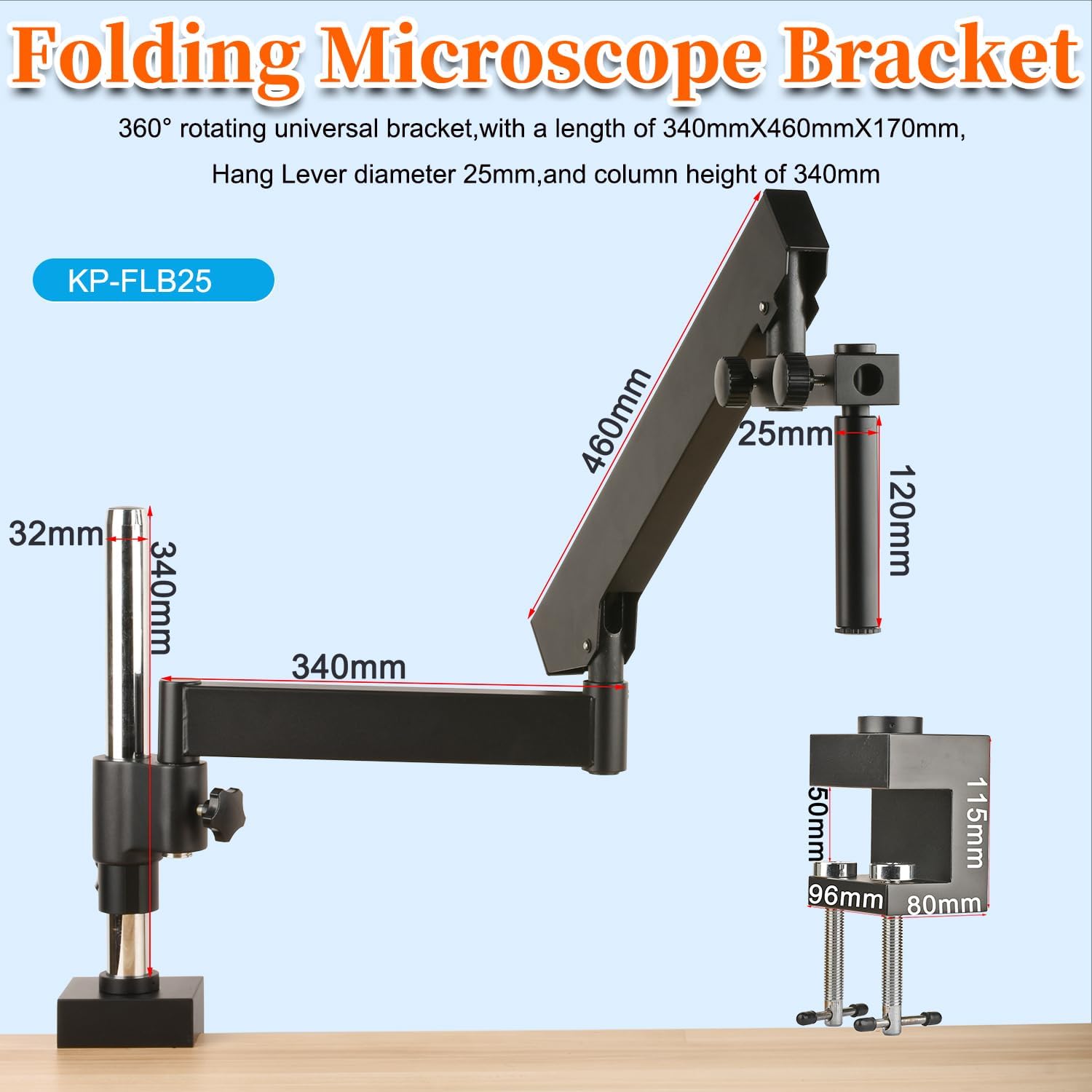 Microscope Folding Bracket 50mm Fixing Clip Suspension Rod Diameter 25mm 1