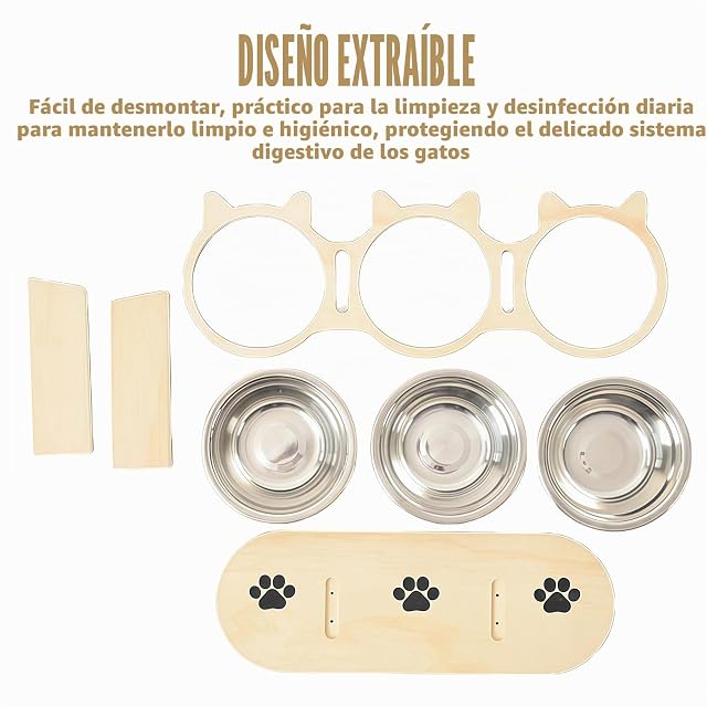 Foto 4 de 7 de GOEDCH - Comedero para gatos elevado: 3 cuencos de acero inoxidable, soporte de madera ajustable en altura…