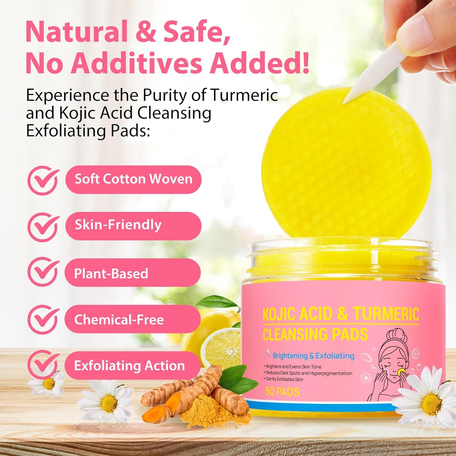 Turmeric Kojic Acid Cleansing Pads - Turmeric Facial Cleansing Pads For Acne Firming Skin - Remove Excess Keratin Clean Pores 50PCS - Image 3