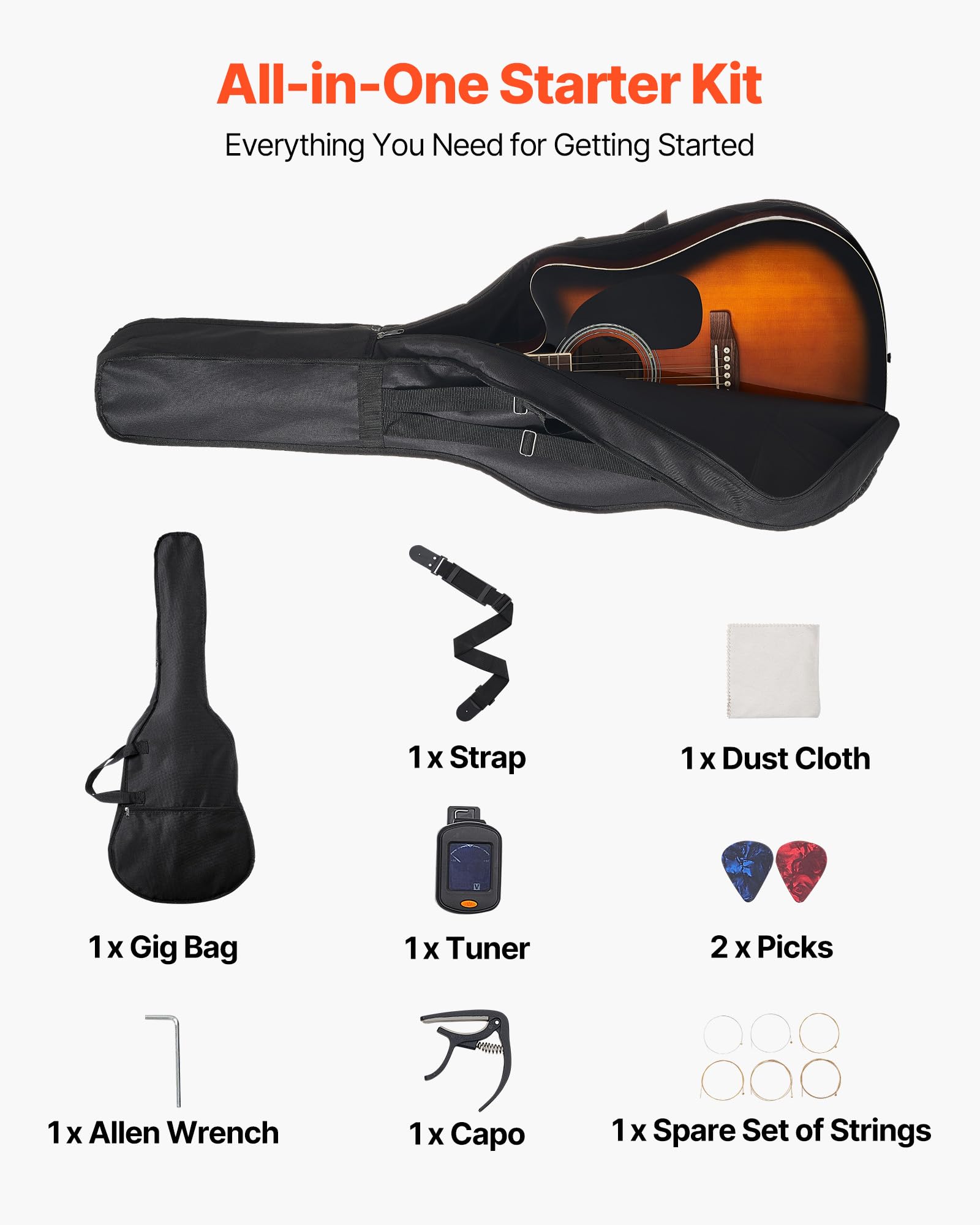VEVOR Elektro Akustische Gitarre Cutaway 1041,4 mm, Anfängerpaket mit Gigbag, Stimmgerät, Gurt, Stahlsaiten, Plektren, Kapodaster, Palisandergriffbrett, für Fingerstyle-Solo-Jazz, Sunburst