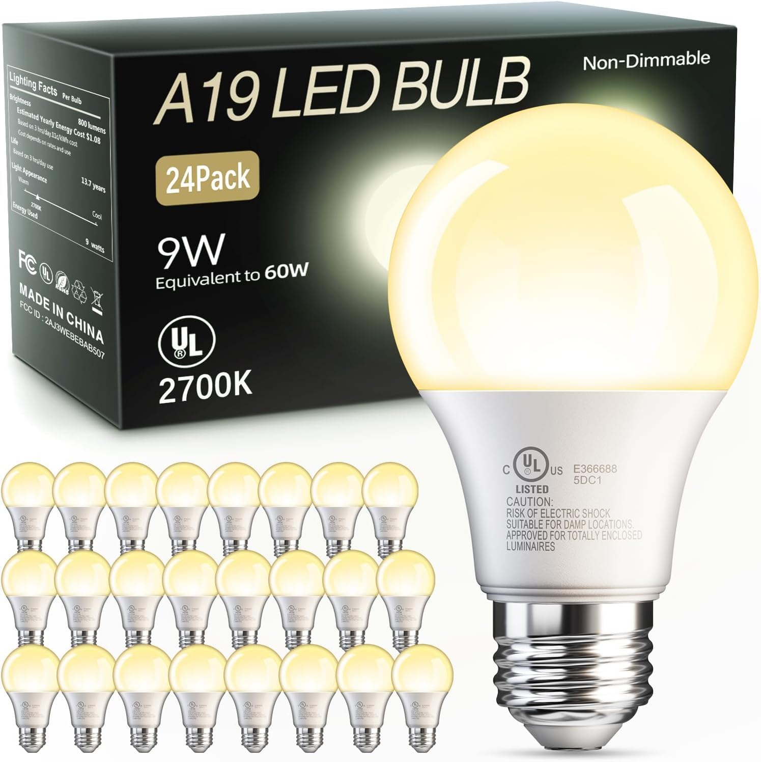 TJOY 24 Pack A19 LED Light Bulbs, 60 Watt Equivalent LED Bulb, Soft Warm White 2700K, Efficient 9W, E26 Standard Base, Non Dimmable Energy Saving
