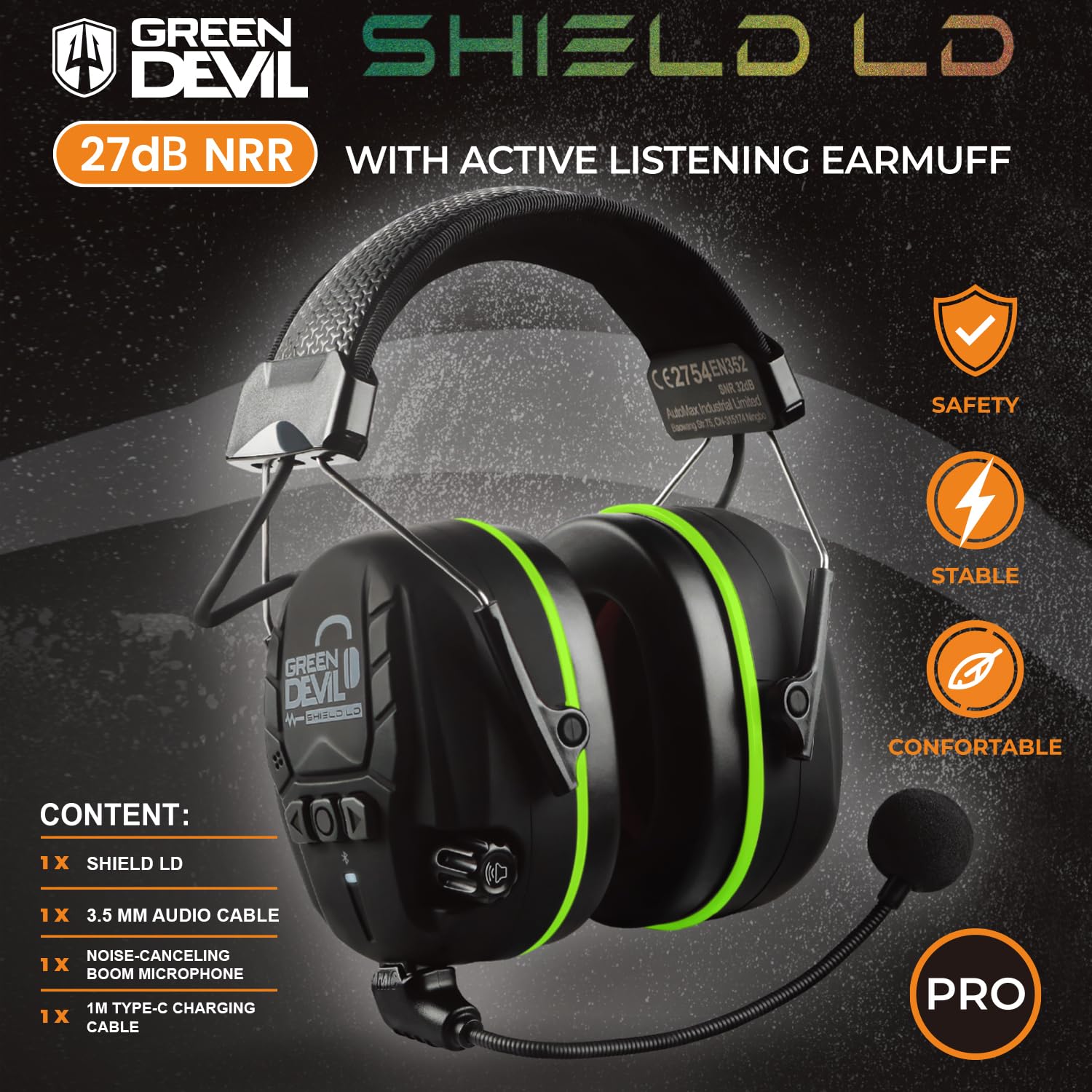 GREEN DEVIL Shield LD Aktiver Gehörschutz - elektronischer Gehörschützer mit Bluetooth 5.3 Technologie Integriertes Mikrofon EN352-konforme SNR 32dB für Mähen und Lärmintensive