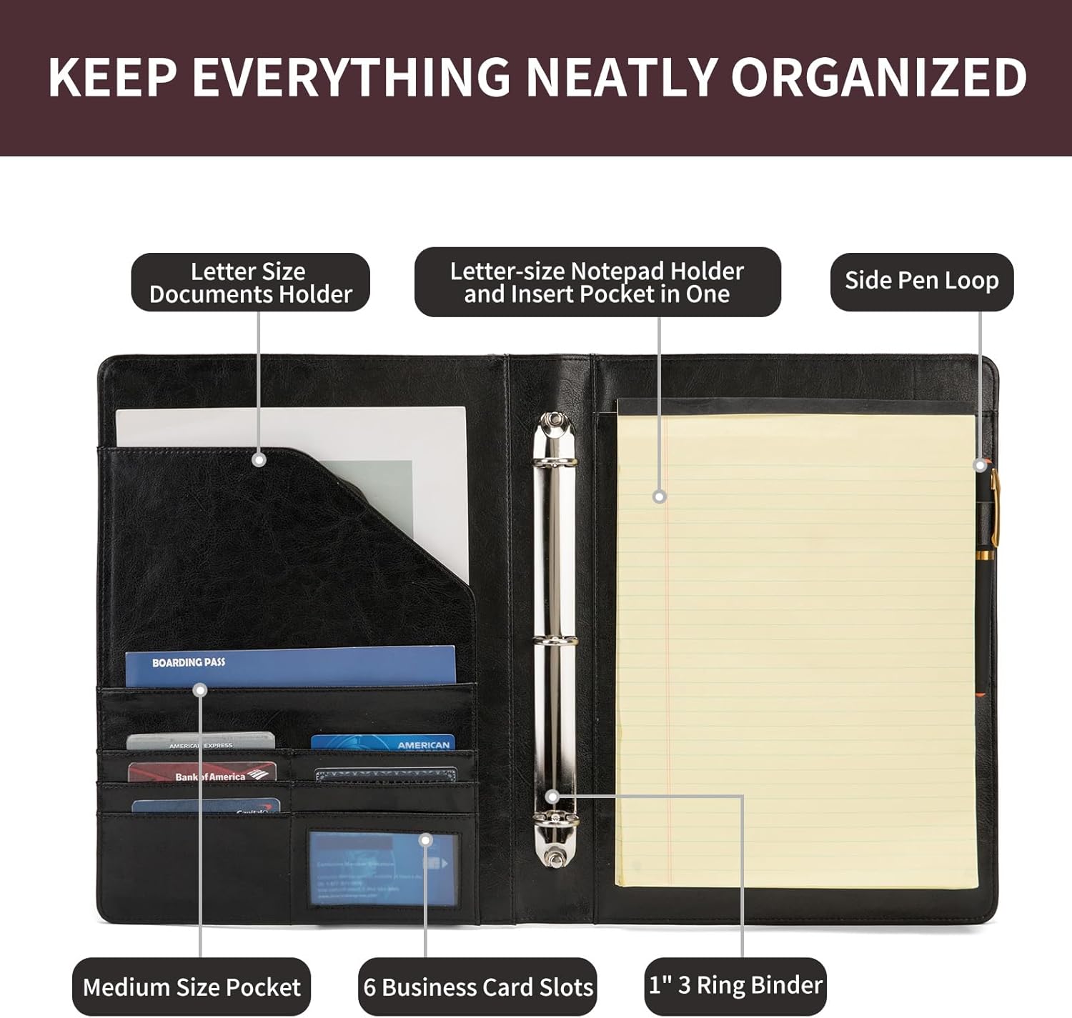 Vegan Leather 3 Ring Binder, 8.5 x 11 Letter Size Folio with Pen Holder, Soft Notebook Portfolio Cover, Slim Notepad Padfolio Thin File Organizer for Work Executive Meeting, Black