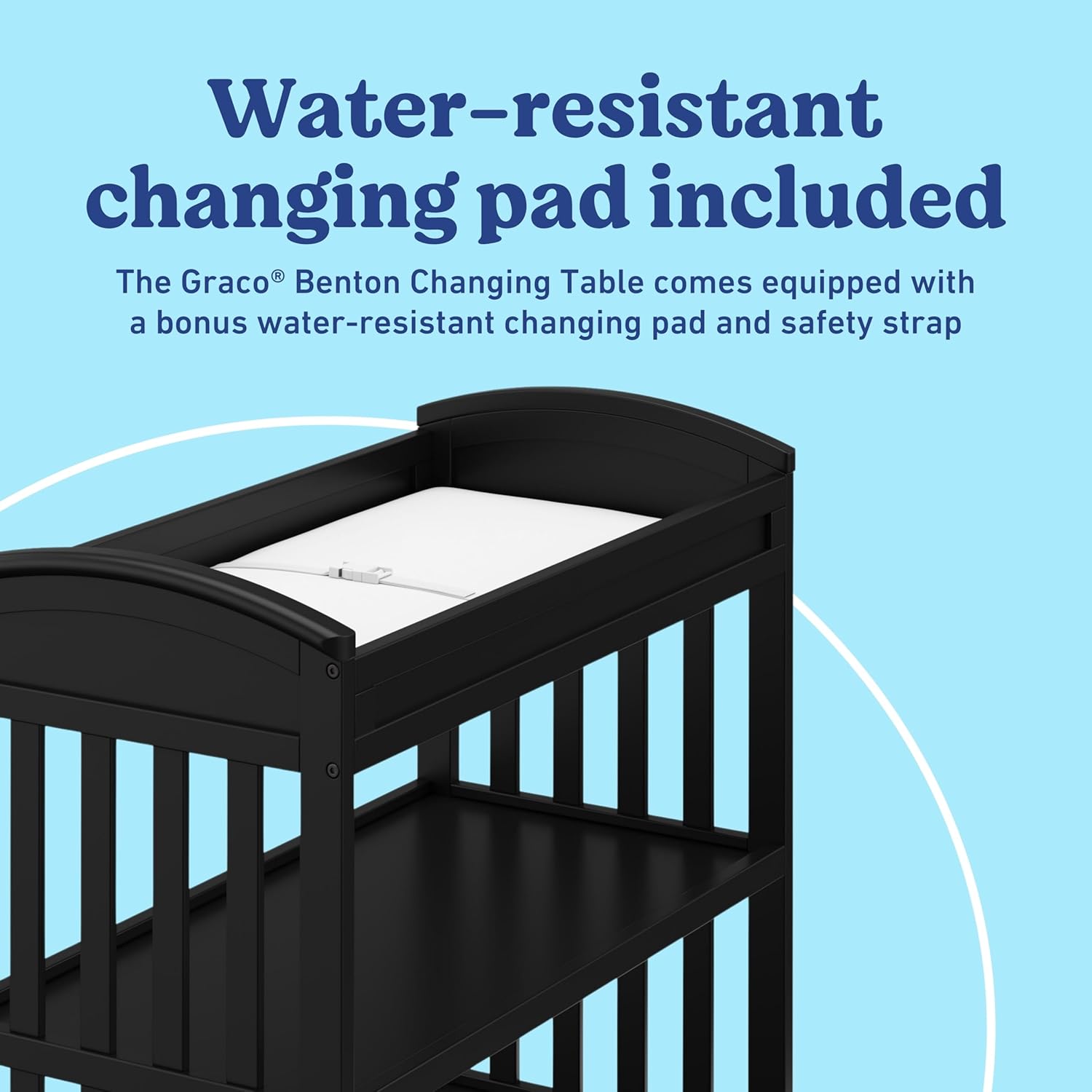 Graco Benton Changing Table with Bonus Water-Resistant Changing Pad (Black) - GREENGUARD Gold Certified, Includes Diaper Change Pad with Safety Strap, 2 Open Storage Shelves for Organizing