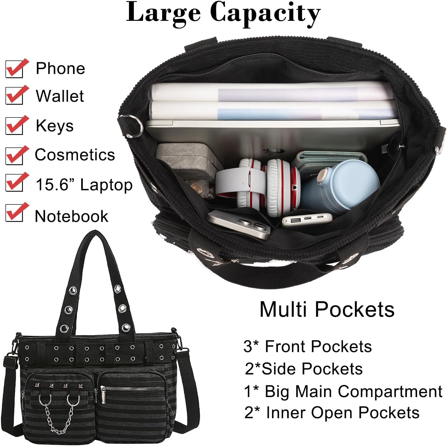 Tote Bag for Women, Corduroy Gothic Purse Goth Bag with Zipper for College, Work, Travel, Gym