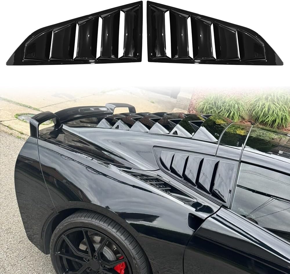 Side Window Louvers, Compatible with 2014-2019 Chevy Corvette C7 Coupe, Plastic Gloss Black Classic Style Air Vent Scoop Shade Cover Blinds, 2PCS