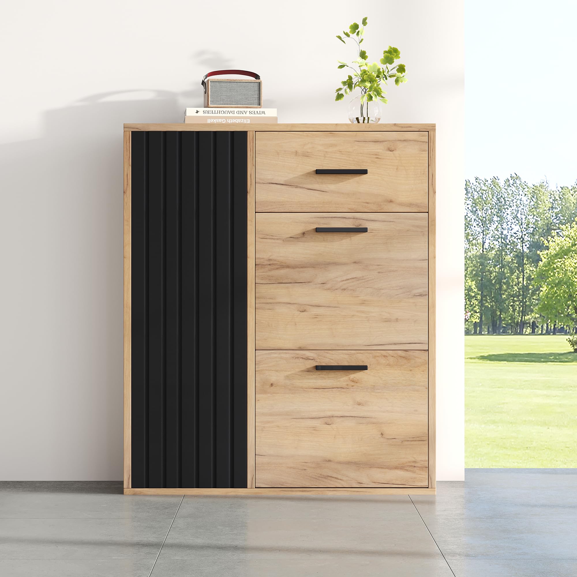 Szafka na buty z regulowanymi półkami, 1 szuflada, 2 składane szafki na buty, 1 drzwi, czarna i naturalne kolory, płyta wiórowa, 80 x 24 x 95,5 cm