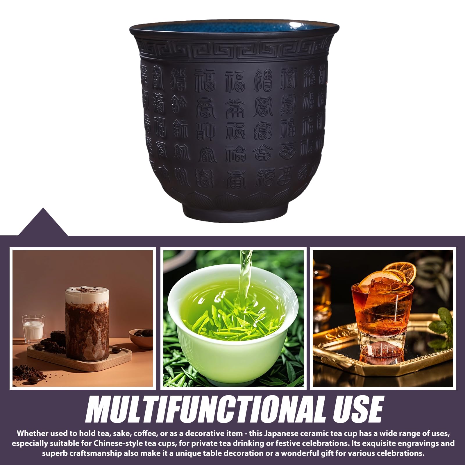 Set di 4 tazze da tè in ceramica asiatica: tazze in ceramica cinese senza manico con testo, lavabili in lavastoviglie viola sabbia cuore Sutra tazza per tè, sake, espresso, caffè (165 ml*4)