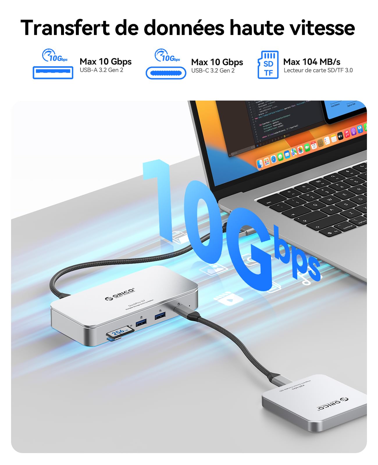 ORICO Hub USB C 7 en 1 avec boîtier SSD M.2 NVMe de 8 to, Station d'accueil avec Ports USB-C et USB-A 10 Gbit/s, 2 Ports USB-A 5 Gbit/s, 3.0 SD/TF, 100 W PD, Gigabit Ethernet, Station d'accueil