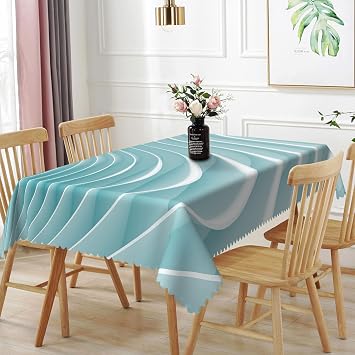 70x140inches Abstract 3D Wave Pattern Tablecloth Modern Geometric Gradient Turquoise White Table Covers Waterproof Durable Polyester Fabric Table Cloth for Dining Room Living Room Home Decor