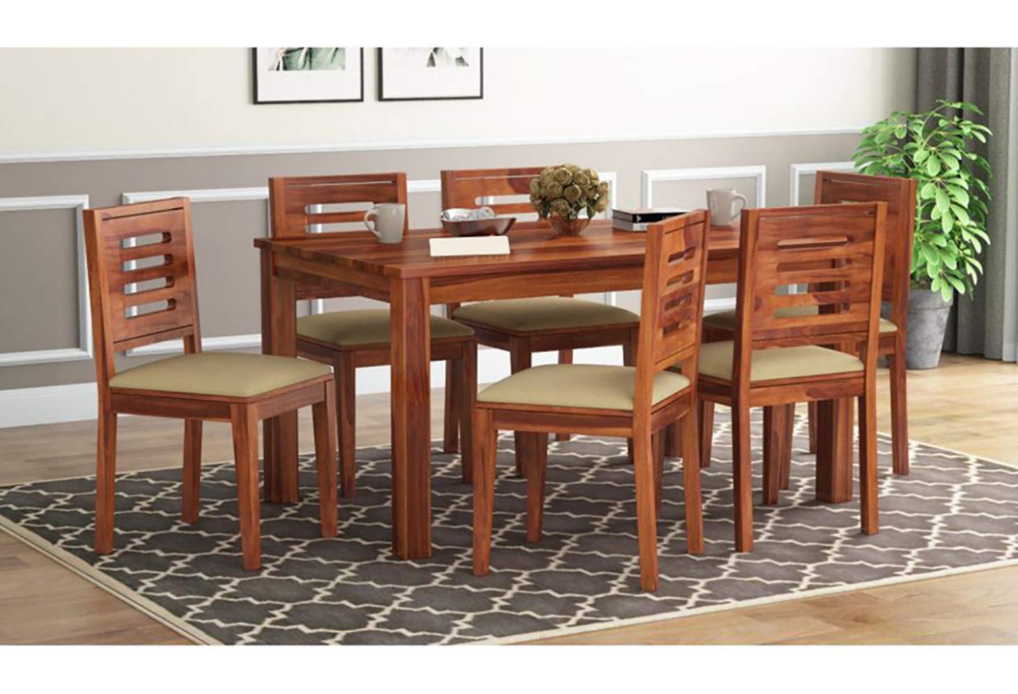 Ramdoot Furniture Solid Sheesham Wood Dining Table Set 6 Seater | Six Seater Dining Table 6 Seater with 6 Cushion Chairs for Living Room | 6 Seater Dining Set for Hotel Restaurant | Dinning Set, Honey