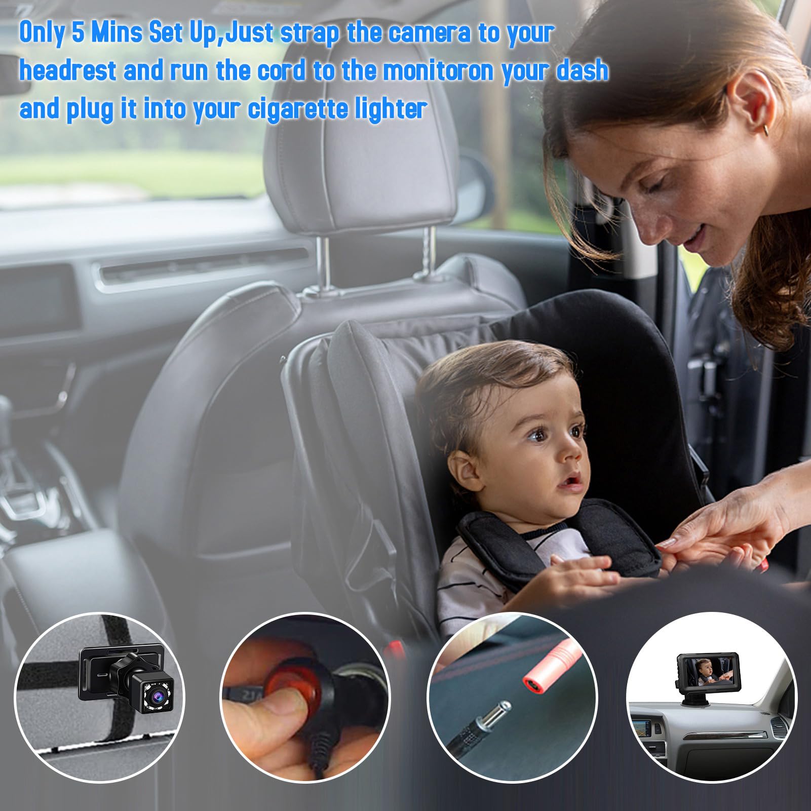 Aramox Cámara para Automóvil de bebé de 4.3 ", Espejo para Automóvil de bebé Gran Angular Orientado hacia Atrás con Alimentación USB con Visión Nocturna Mejorada y Rotación de 360
