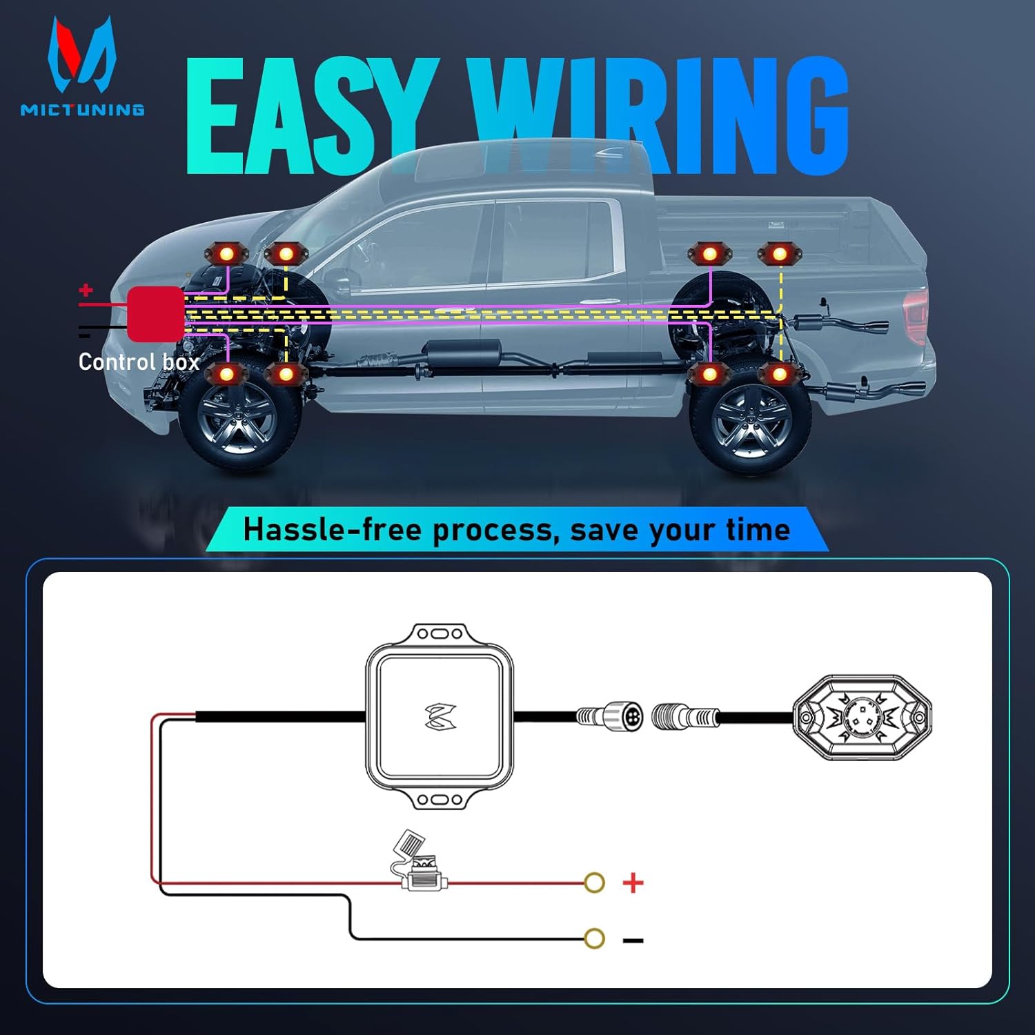Wiring diagram for MICTUNING RGB Rock Lights.