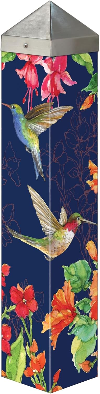 Studio M Art Pole Hum Harmony 20 Inch Weather Resistant PVC with Vinyl Wrap Outdoor Decorative Accessory for Landscaping Gardens and Yards Navy Blue and Orange Floral Hummingbird