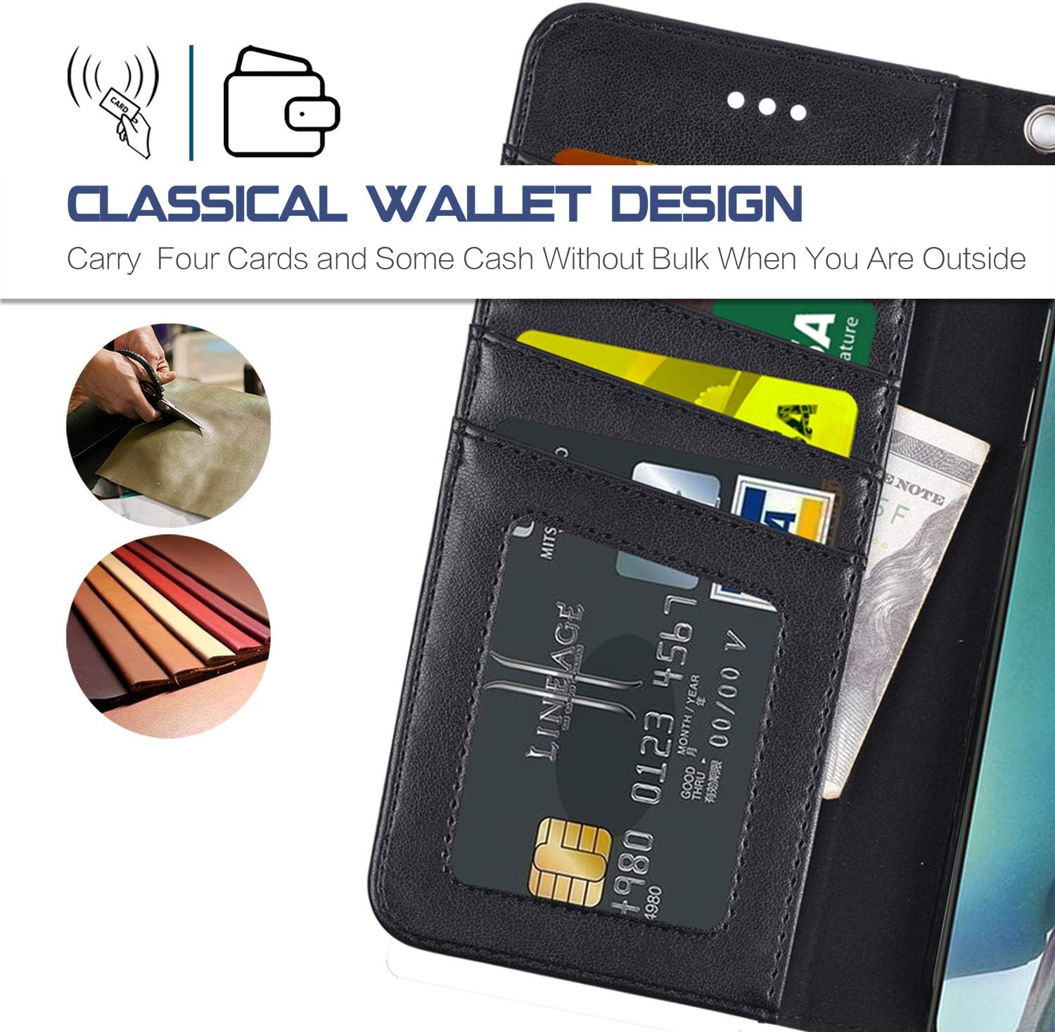 Arae Wallet Case for Samsung Galaxy Note 20 with Wrist Strap and Credit Card Holders - Black