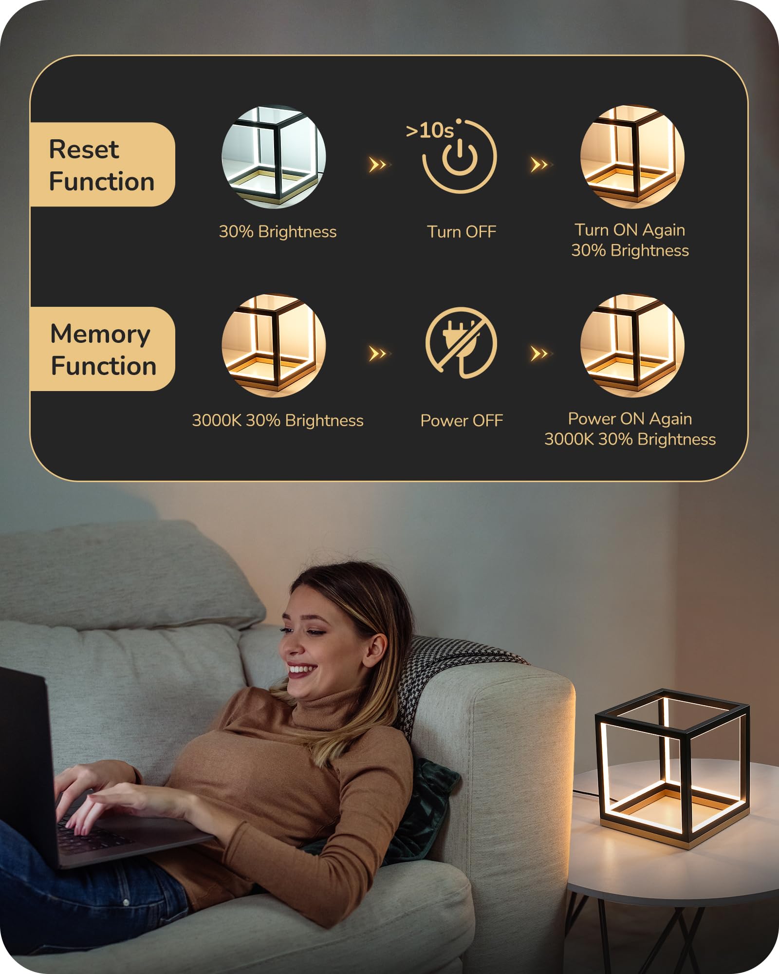 Lámpara de mesa LED moderna, lámpara de noche minimalista con base de madera maciza, regulable de 3 vías, 3000 K/4500 K/6000 K, 470 LM, lámpara de mesita de noche geométrica cuadrada de oro 5