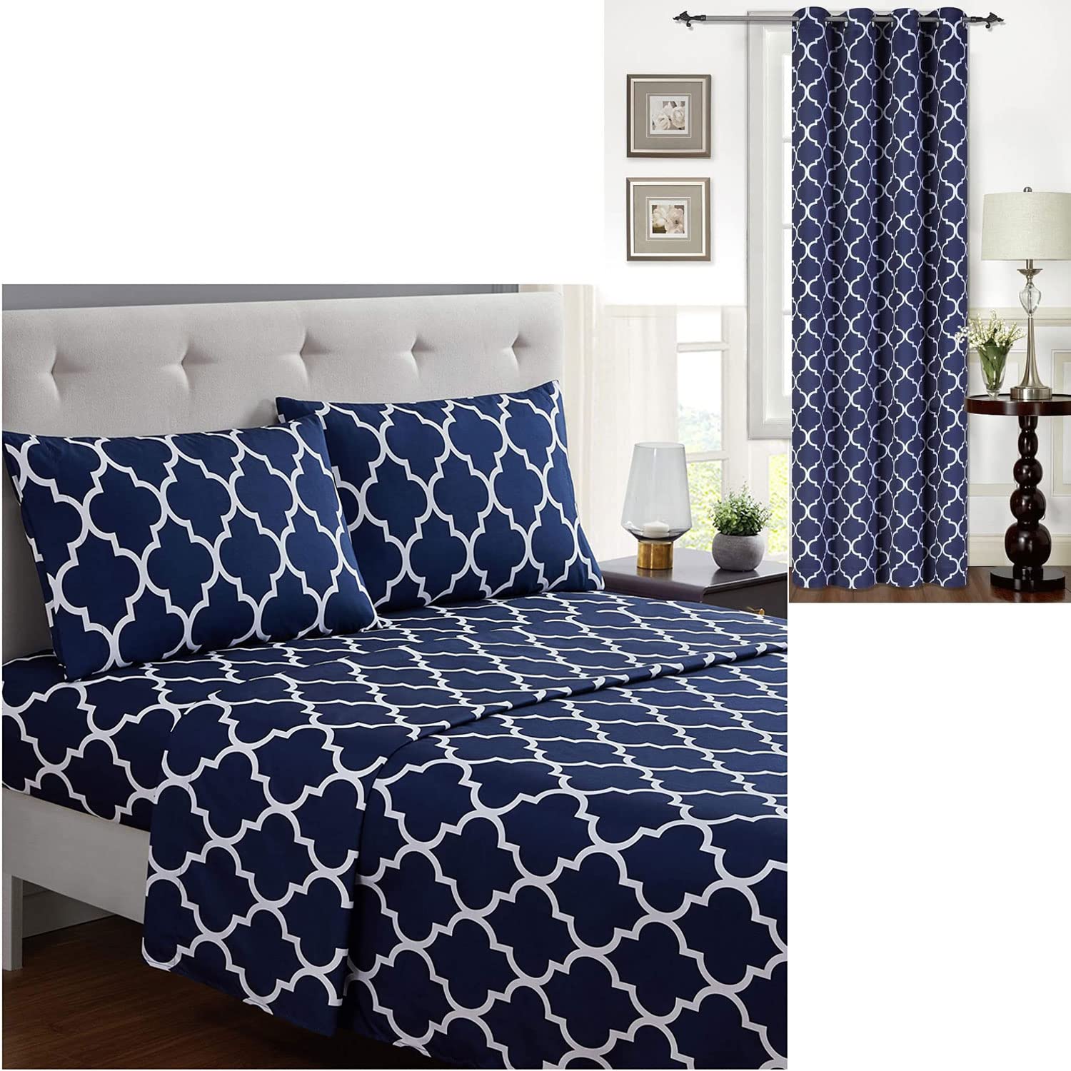 Mellanni Bed Sheet Set + Blackout Curtains Bundle&Save - Bundle Includes: 4pcs Queen Bed Sheet Set and 1 Panel Thermal Insulated Blackout Curtain 52" x 84" (Quatrefoil Navy Blue)