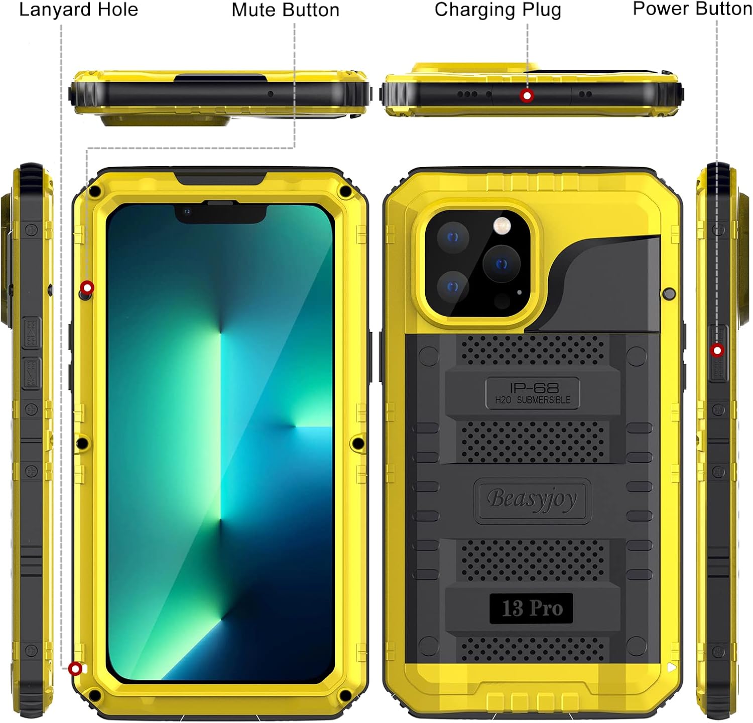Beasyjoy Waterproof Case for iPhone 13 Pro, Full Body Protective Cover with Built-in Screen Protector, Heavy Duty Metal Rugged Shockproof Dustproof Defender Phone Case 6.1 Inch, Yellow