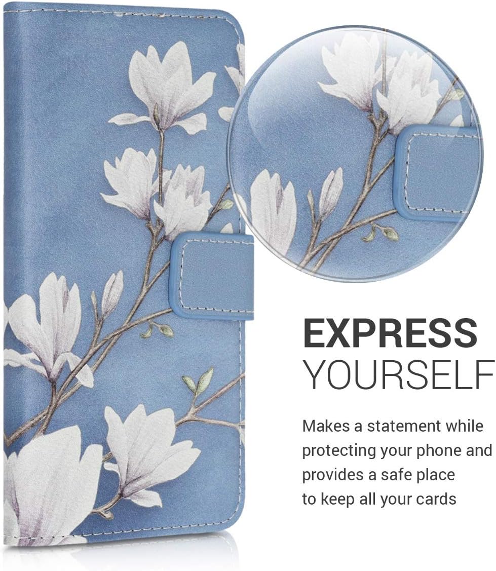 kwmobile Wallet Case Compatible with Alcatel 3 / 3L (2019) - Case Faux Leather Cover - Magnolias Taupe/White/Blue Grey