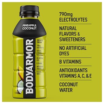 BODYARMOR Sports Drink, Pineapple Coconut Electrolyte Drink, 16 Oz (12 Pk) | Coconut Water Hydration Drink, Flavored Water Sport Beverage, 790mg Electrolytes, Natural Flavors & Sweeteners + Antioxidants